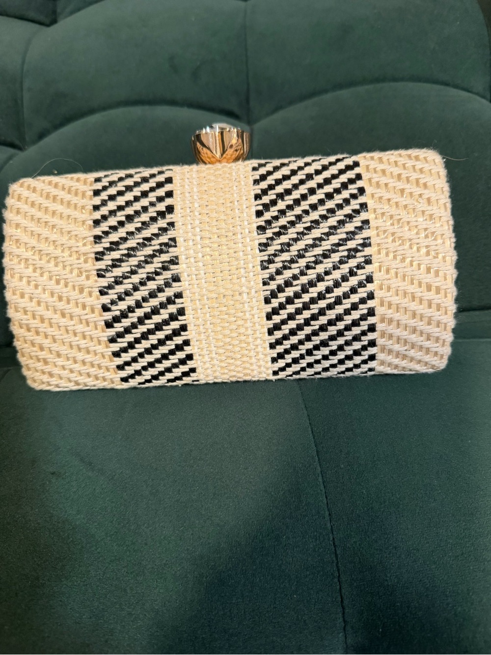 Woven Black & Cream Clutch with Crystal Clasp